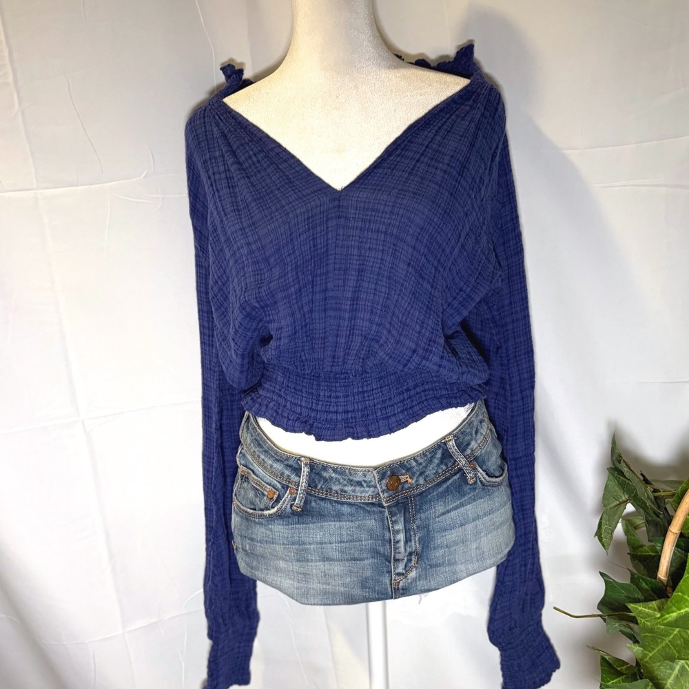 Free‎ People FP One Adella Gauze Smocked V-Neck Blouse Royal Blue Small